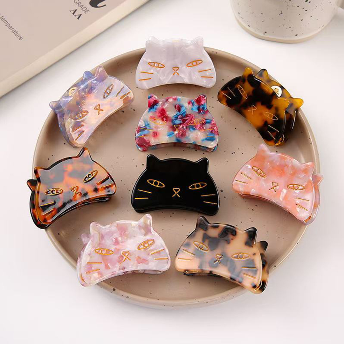 1pc elegant acetate cat grab clip metal tooth hairpin, ladies back of the head disc hair gripper, cute sweet hair scratch