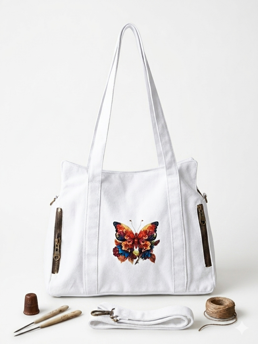 Premium White Canvas Tote Bag with Artistic Butterfly Print - Dual Side Zippers