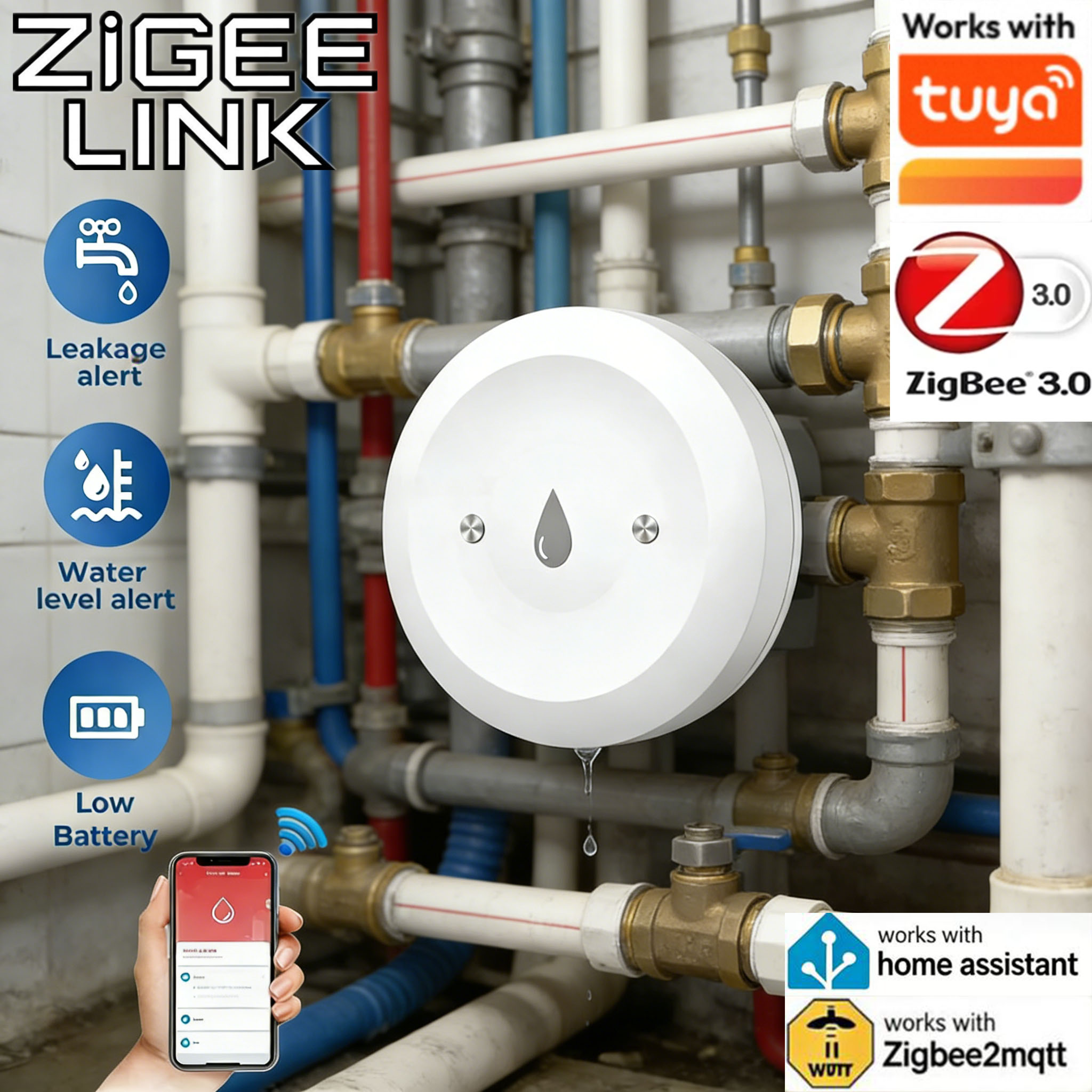 Zigbee 3.0 Water Leak Sensor Smart Home Flood Detector APP Notifications Alarm Records Works with Tuya Alexa Home 2MQTT