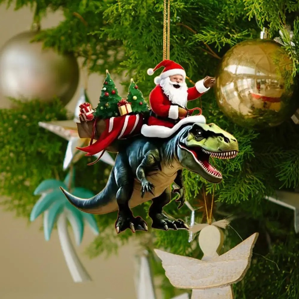 1Pc Pendant Unique Santa Claus on Dinosaur Ornament 2D Flat Acrylic Hanging Decoration for Tree Mantel Decor