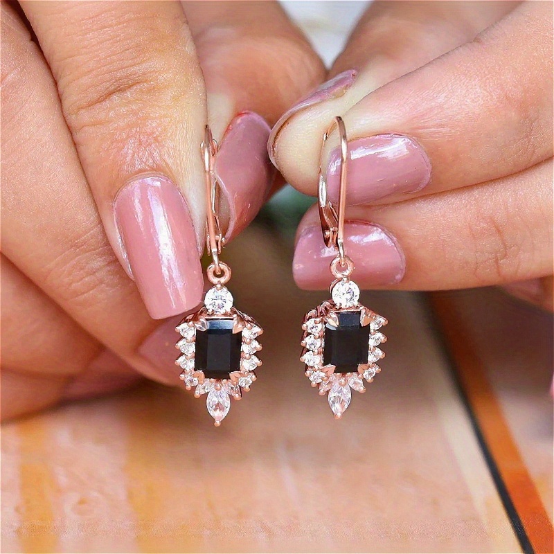 1pc Rose Golden Dangle Earrings Inlaid Black synthetic zircon with White LeafVintage Geometric Design for Women-no box