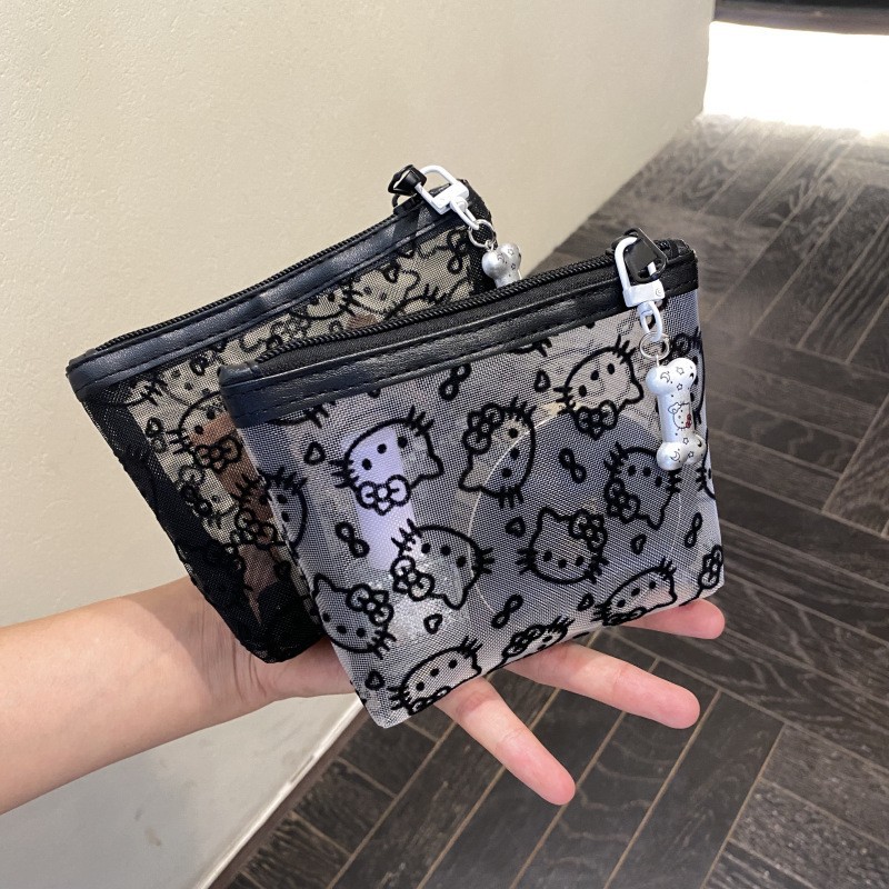 Kawaii Lace Hello Kitty Cosmetic Bag Cute Vintage Coin Purse Black Mesh Storage Bag Portable Makeup Bag
