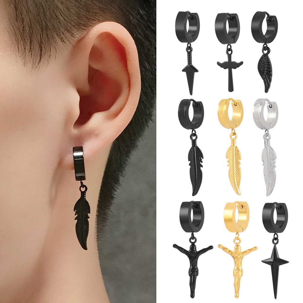 1PCS 316L Stainless Steel Hoop Earrings For Men Women Black Wing Feather Earring Geometry Pendant Earring Men's Jewelry Party pen gpt