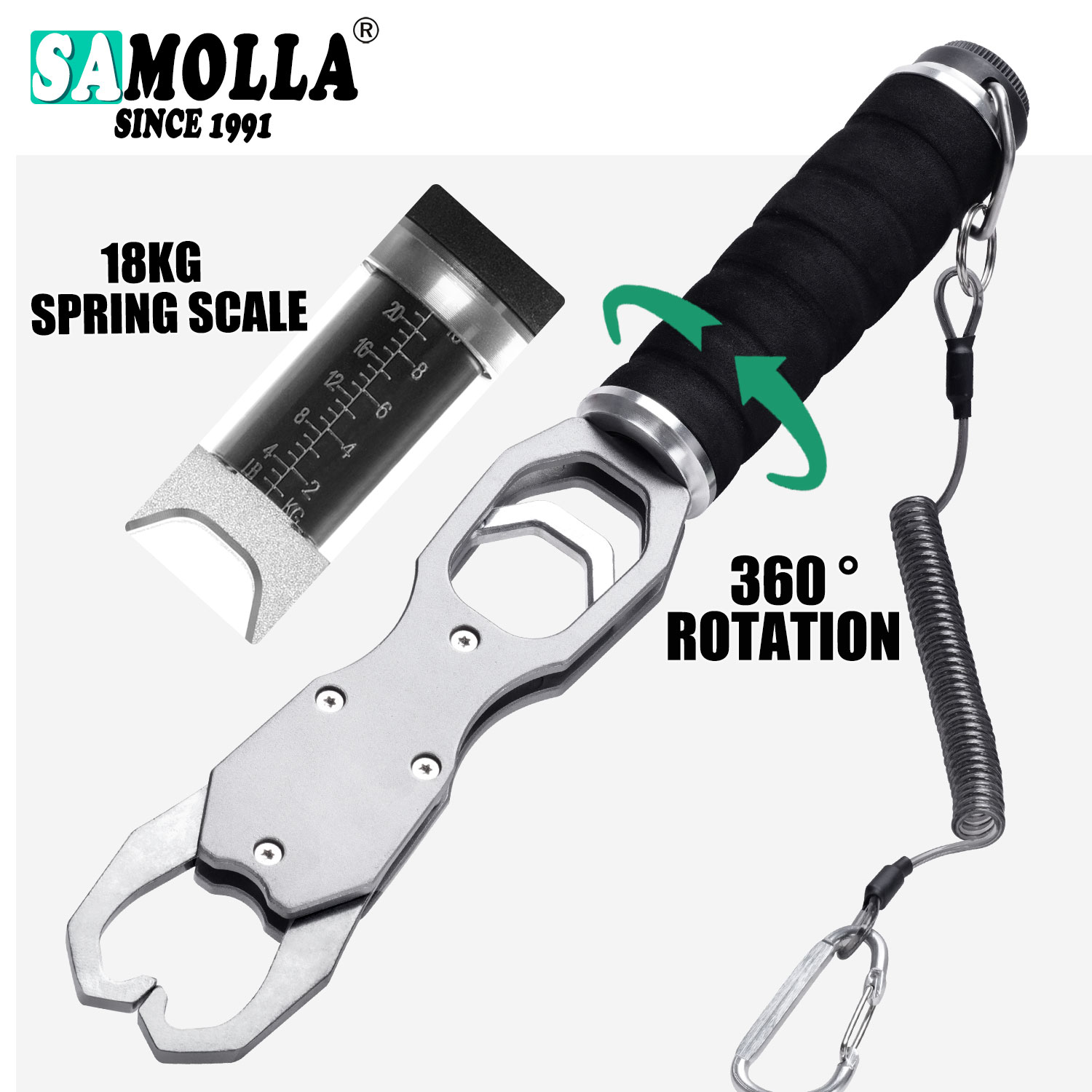 SAMOLLA Aluminum Alloy New Fishing Grip Pliers Accessories 18kg Spring scale 360 ° rotation Adjustable Grabber Tool Seawater
