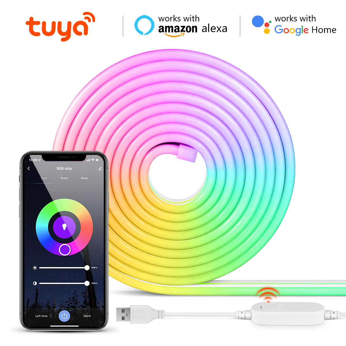 USB Tuya WiFi RGB Neon LED Strip Light 5V 1m 2m Waterproof Dimmable Soft Lamp Decor Lighting F Alexa Assistant Smart Life