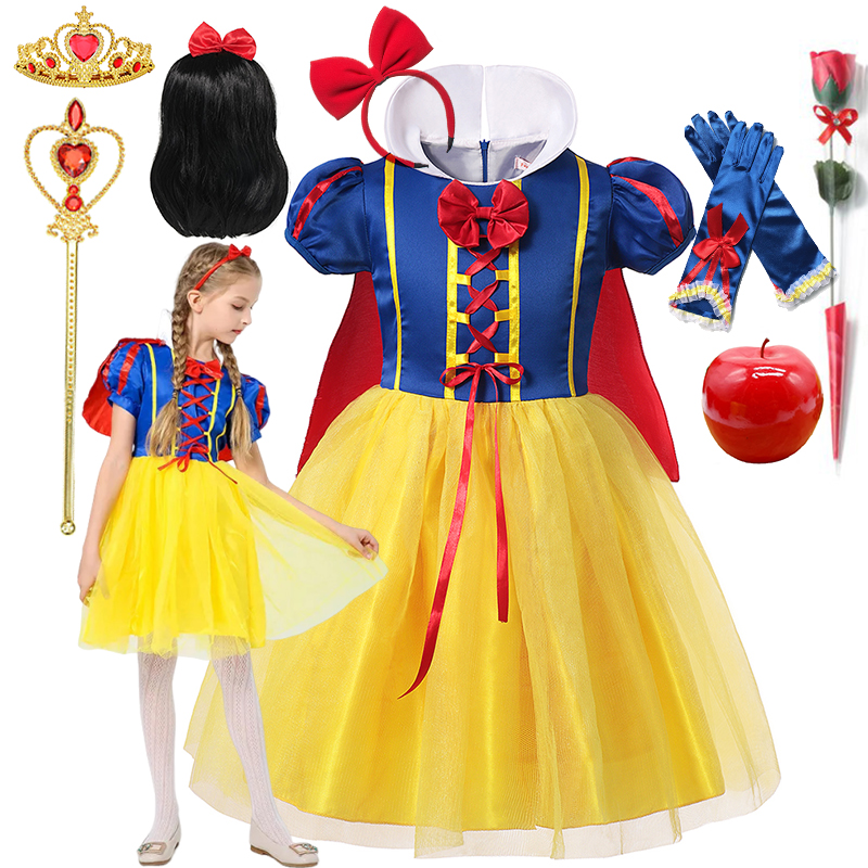2026 Purim Snow White Dress Costume for Girls Childrens Carnival Christmas Party Princess Kids Birthday Clothes With Cloak Wig