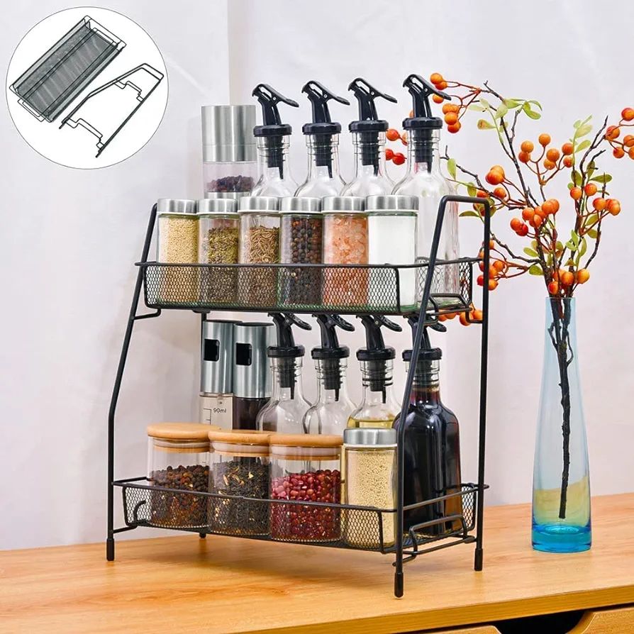 Spice Rack Standing with 2 Levels, Spice Organiser for Kitchen, Multifunctional Kitchen Shelf Made of Stainless Steel