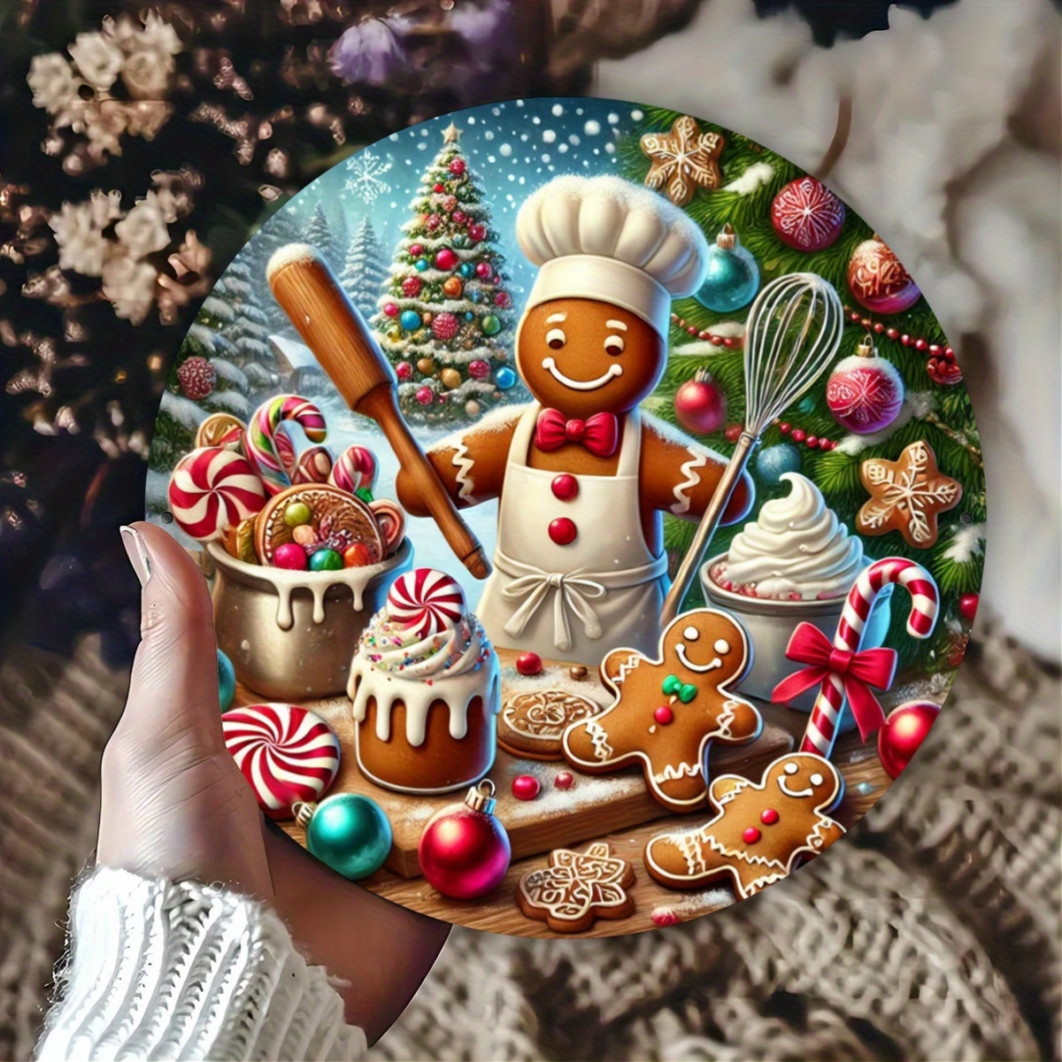1pc Vintage Gingerbread Girl Christmas Cookie Round Metal Sign, Iron Wall Art, 20x20cm (8x8 inches), No Electricity Needed