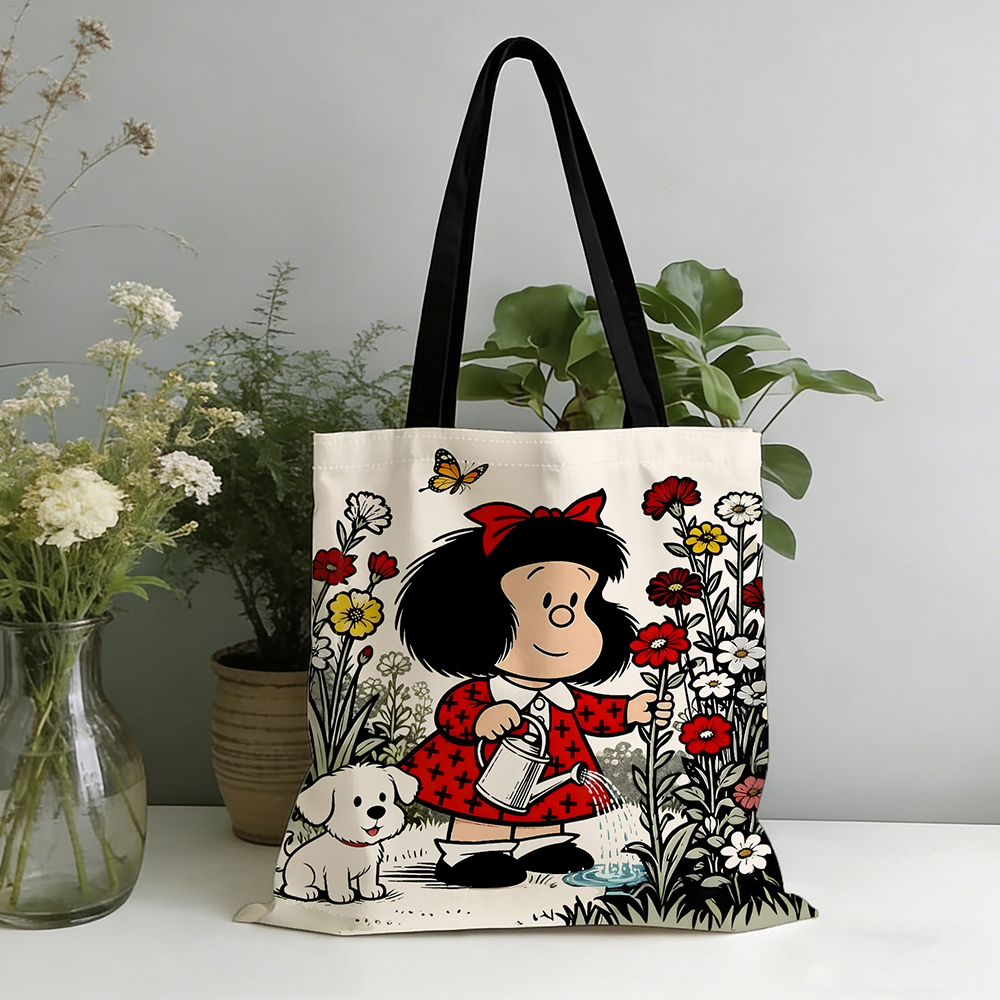 1pc Vintage Cartoon Girl and Puppy Gardening Tote Bag Featuring a cute watering scene, vibrant red accents and butterfly details