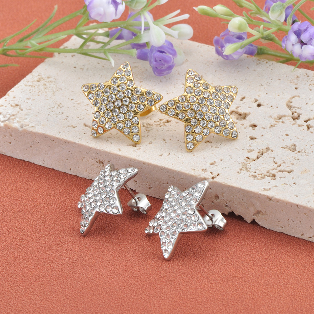 JeeMango Delicate Stainless Steel Pentagram Star Stud Earrings for Women Full Paved Zircon Star Elegant Dazzling Jewelry E26001