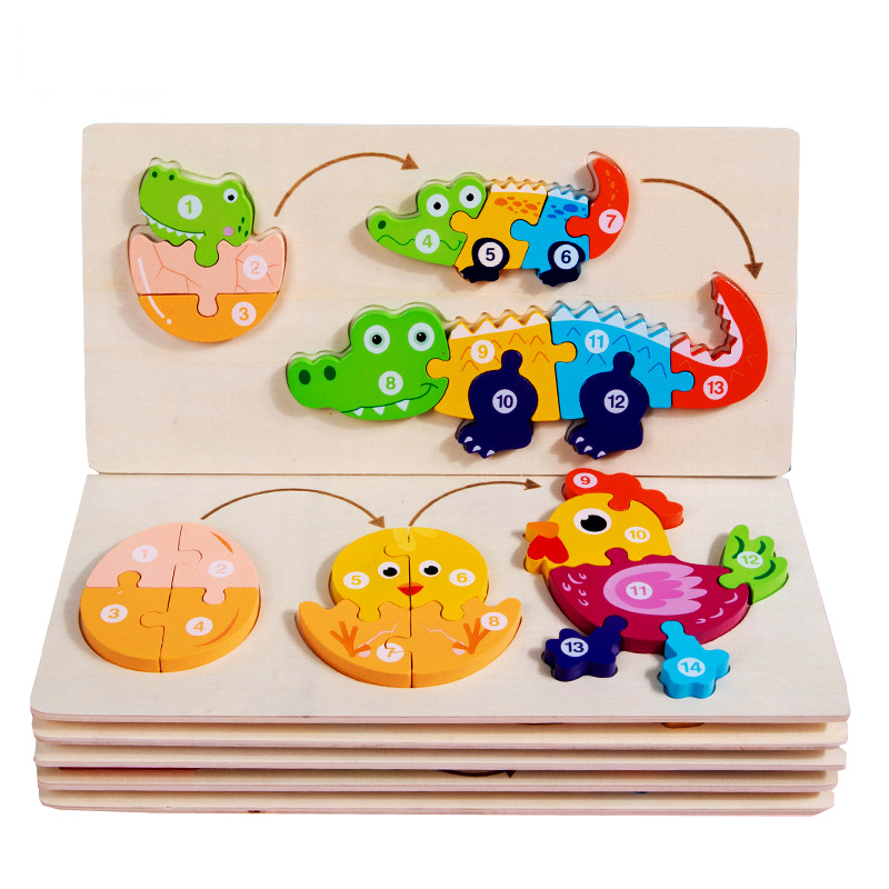 Wooden Puzzles for Kids 3D Montessori Cartoon Animals Cognitive Jigsaw Puzzle Early Learning Tangram Toy for Children