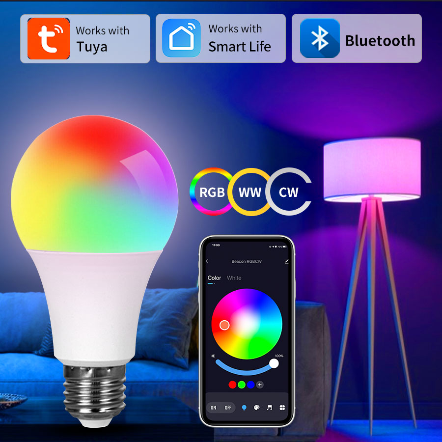 Tuya Smart Bluetooth LED Bulb 85-265V 15W E27 RGBCW Lamp Smart Life App Control Dimmable Music Sync Timing Function Room Decor