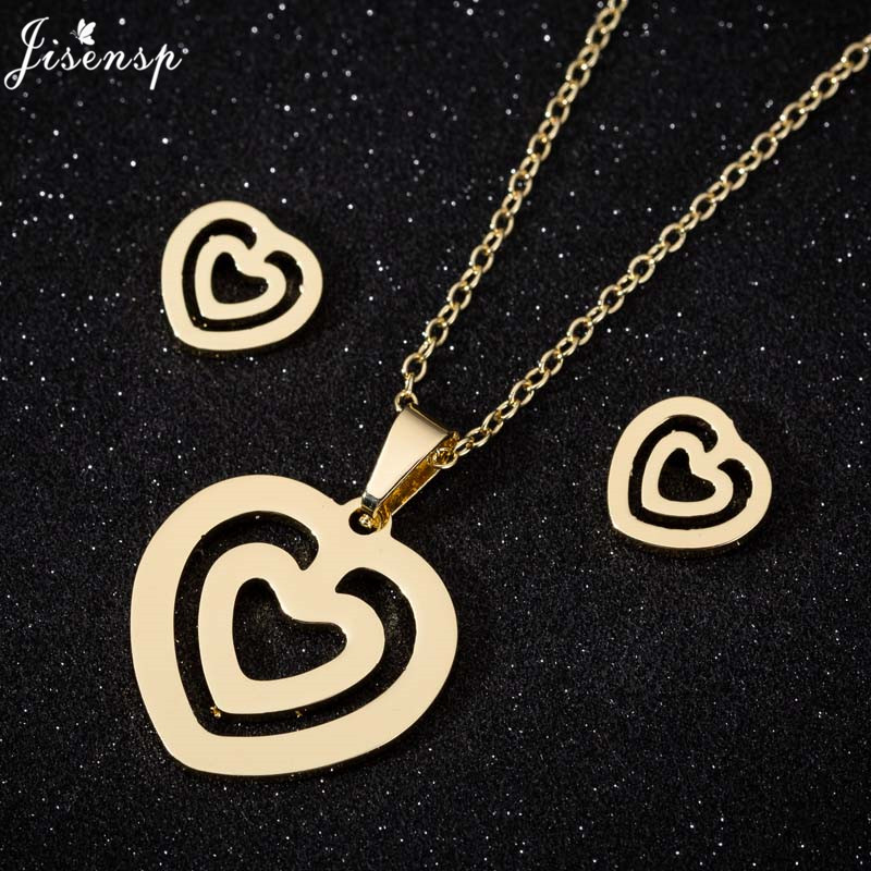 Romantic Love Heart Charm Necklace Earring Set for Women Sweet Stainless Steel Jewelry Girls Valentine's Day Necklaces