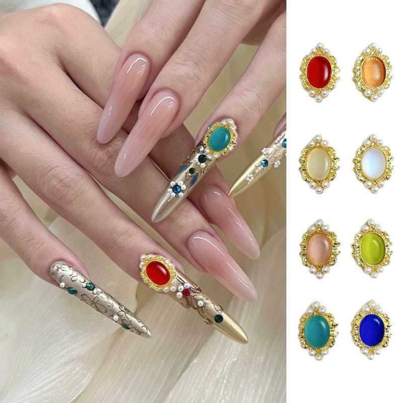 10PCS New Translucent Opal Alloy Nail Charms with Simulated Rhinestones Pearl Inlaid Nail Art Decorations for DIY Nails Parts