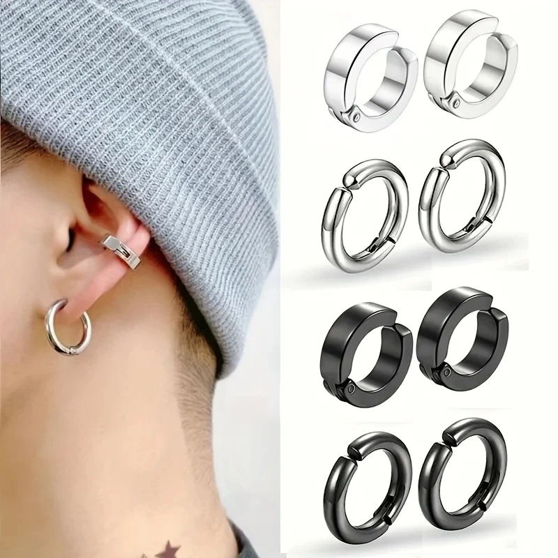 2/4 Pairs Punk Style Stainless Steel Ear Clip Set - Chic Circle Ear Cuffs No Piercing Needed Trendy Jewelry