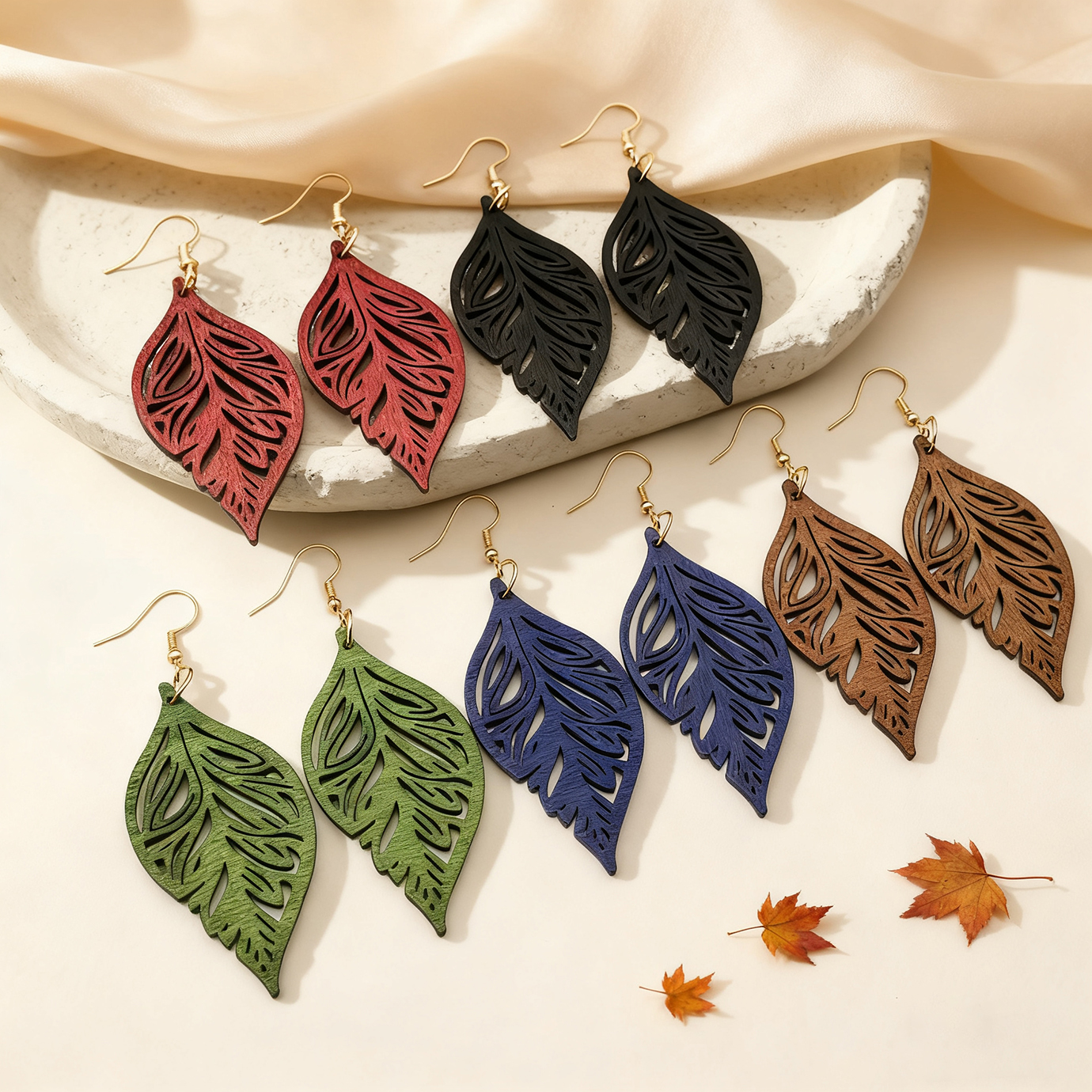 A Set of 5 Pairs of Multi-Colored Leaf-Shaped Wooden Earrings with a Retro Bohemian Style in a Forest Style, Suitable for Everyday Wear