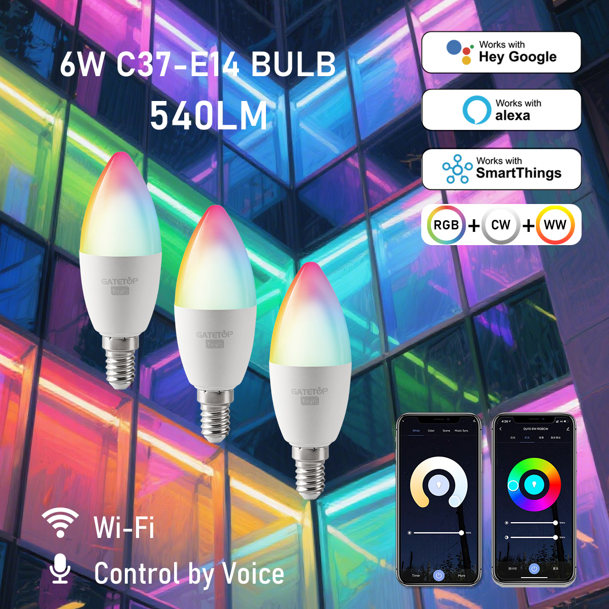 1-10PCS Tuya WiFi Bluetooth E14 Smart Bulb RGBCW 85-265V 6W LED Lamp C37 Light Bulbs App Voice Control Support Alexa Home