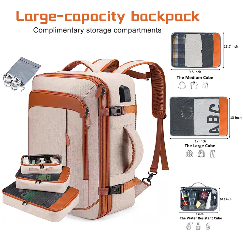 40L men's and women's travel backpack, airline approved carry on luggage, with 3 storage bags, TSA overnight bag, waterproof per
