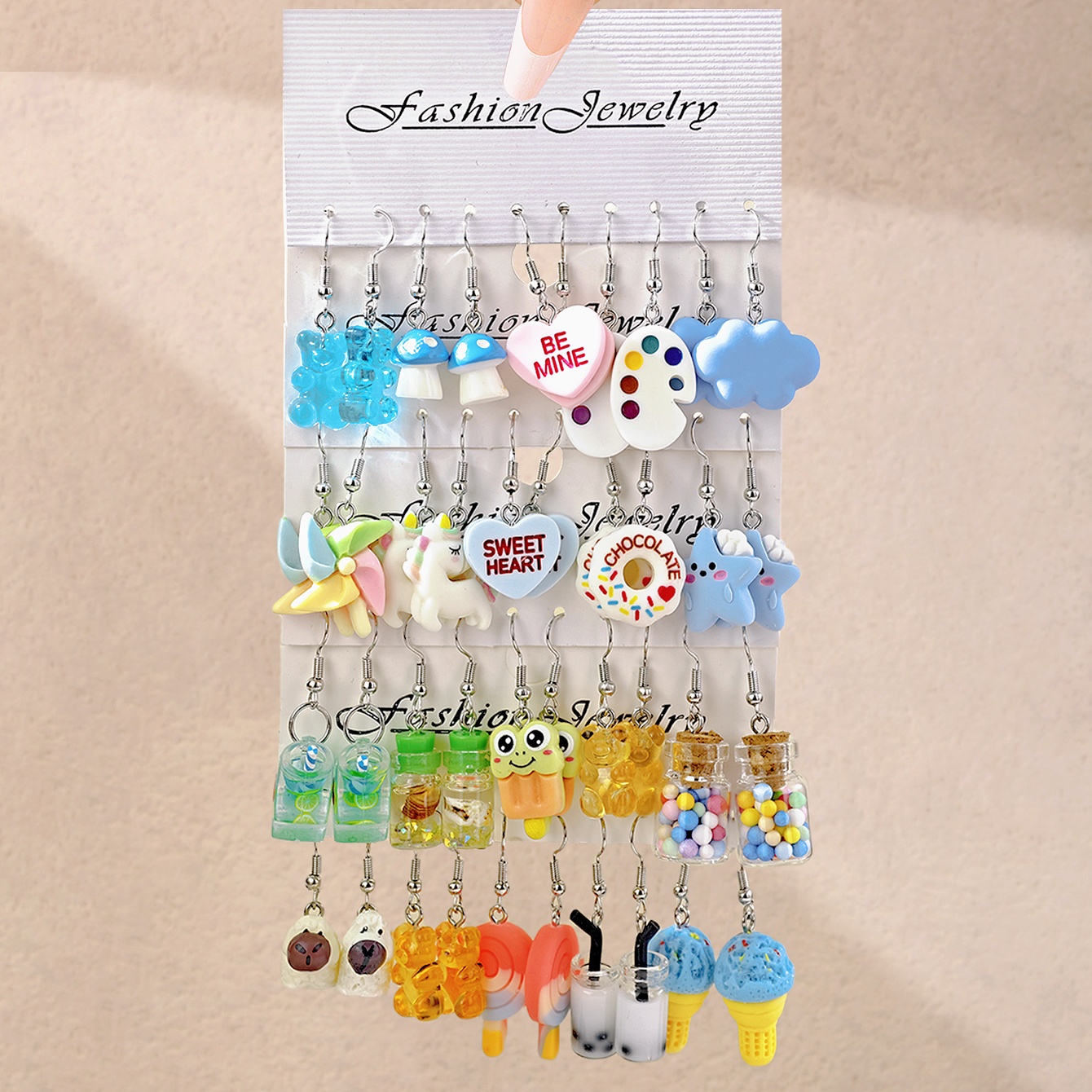 Cute Bear Earrings Set For Women Korean Japanese Sweet Resin Heart Palette Windmill Carded Earring Set