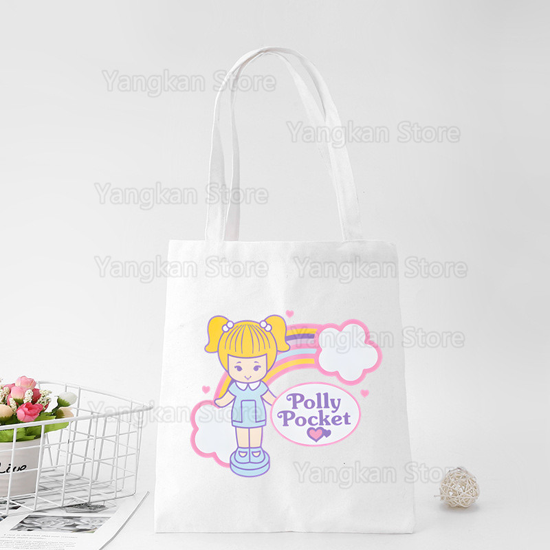 Kawaii Polly Pocket Women Men Picnic bags Canvas Tote bags Reusable Cotton High capacity Picnic bag