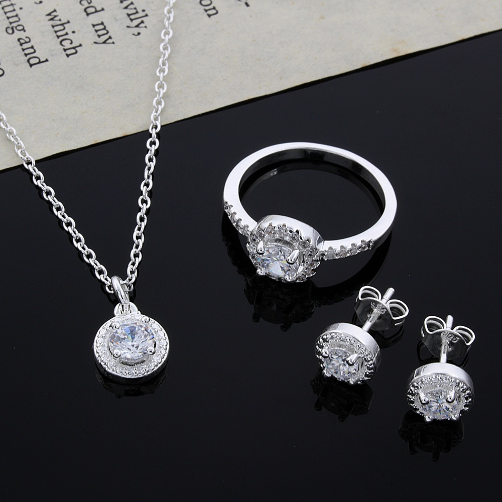 925 Sterling Silver Cute Solid Christmas Gift Noble Fashion Elegant Women Shiny Crystal Cz Necklace Earring Ring Jewelry Set