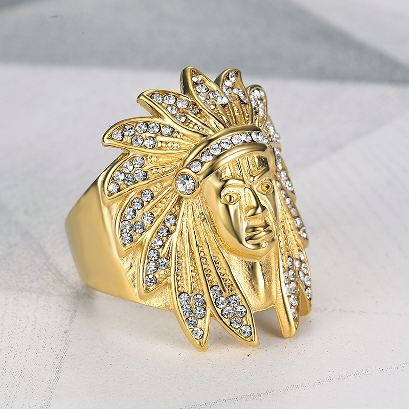 Megin D Stainless Steel Titanium Gold Color Iced Out Human Head Indian Chief Rings for Men Women Friends Gift Jewelry Hip Hop