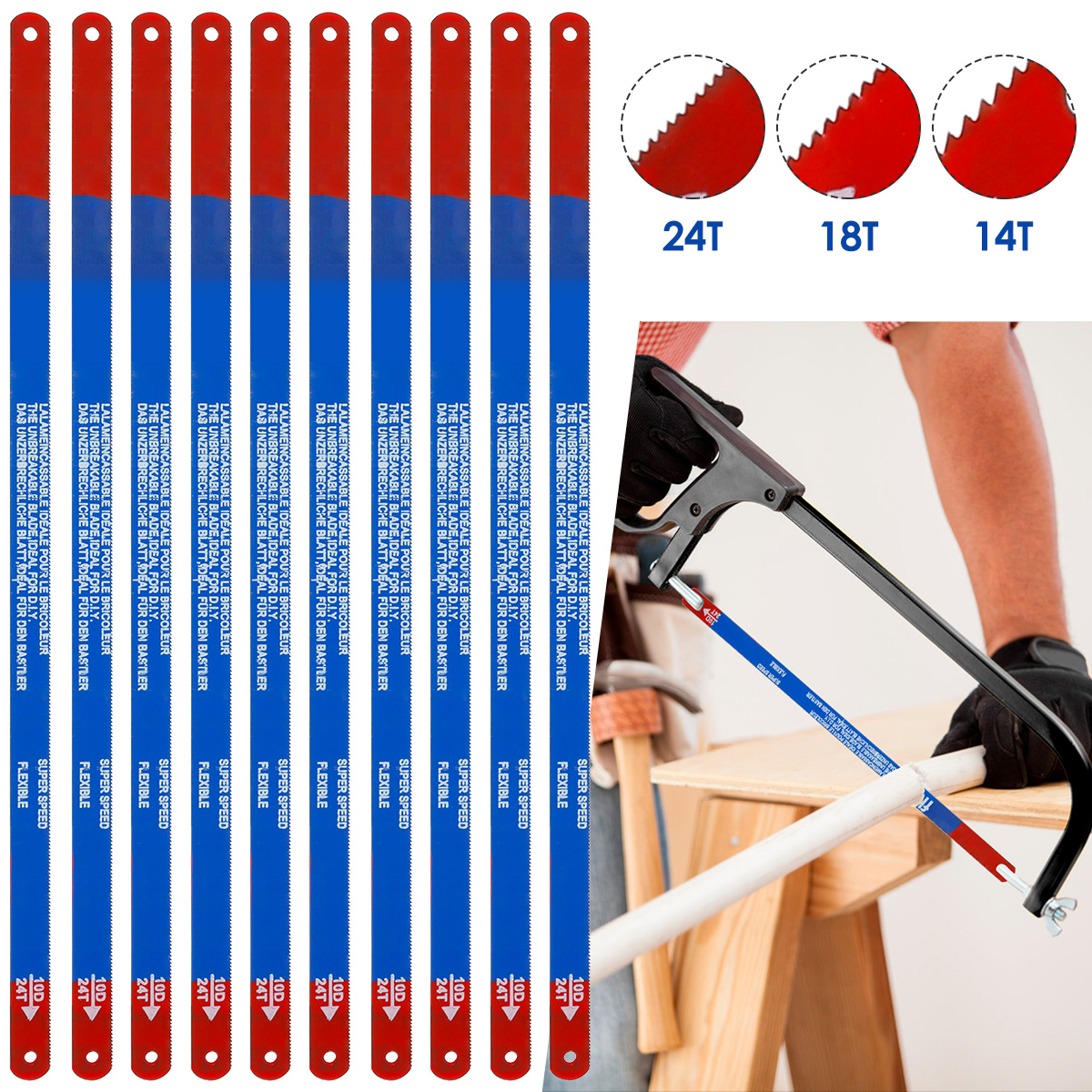 10pcs 11.8 Inch Hacksaw Blades Set M35 Steel Replacement Jig Saw Blade 18 Teeth Hacksaw Blade Fast Cutting Saw Blade