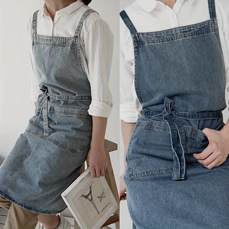 Perfect Fit Vintage Denim Apron Premium Adjustable Waist Stain-Resistant Apron Cotton Canvas Machine Washable Bib Apron Unisex