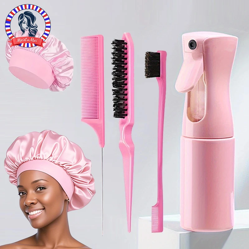 5pcs Hair Styling Set: Includes Hair Spray Bottle, Sleeping Rat Tail Comb, Sectioning Comb, and Edge Brush Hair Cap Salon