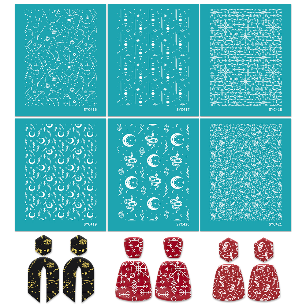 1pc Self-Adhesive Silk Screen Stencils for Polymer Clay Star Moon Constellations Element Reusable Mesh for DIY Earring Jewelry
