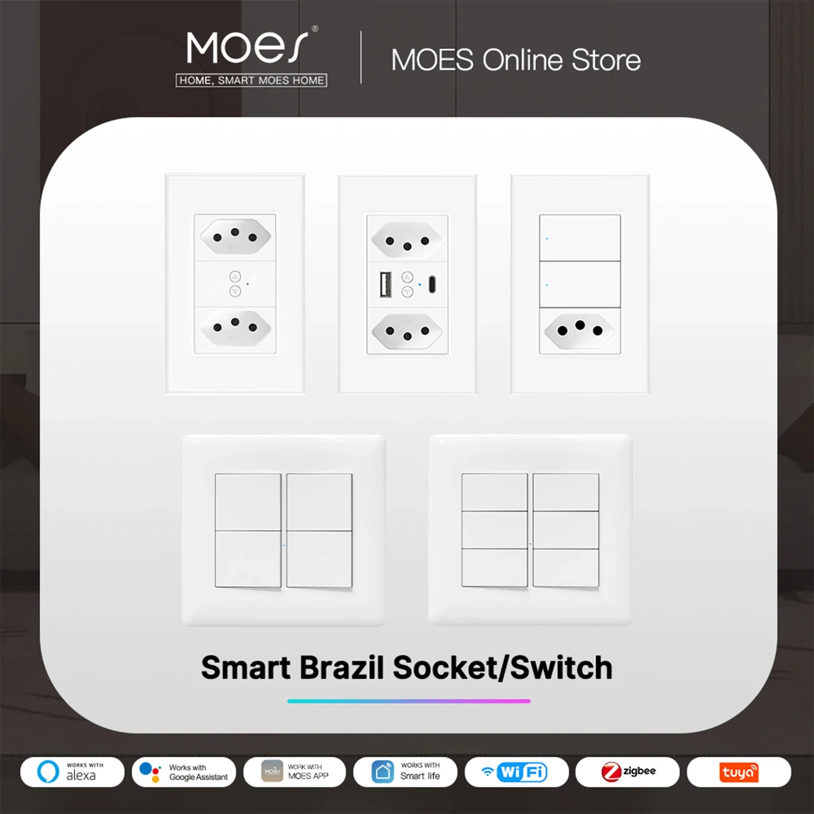 MOES Tuya WiFi Brazil Socket Outlet Independent Switch and Zigbee Light Switch 4/6 Gangs Alexa Home Voice Control