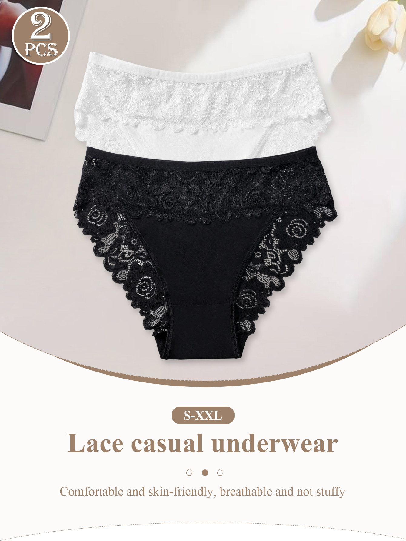 2PCS White Women's Underwear Elegant Lace Floral Embroidery Panties Solid Color High Waist Hollow Out Briefs Lingerie