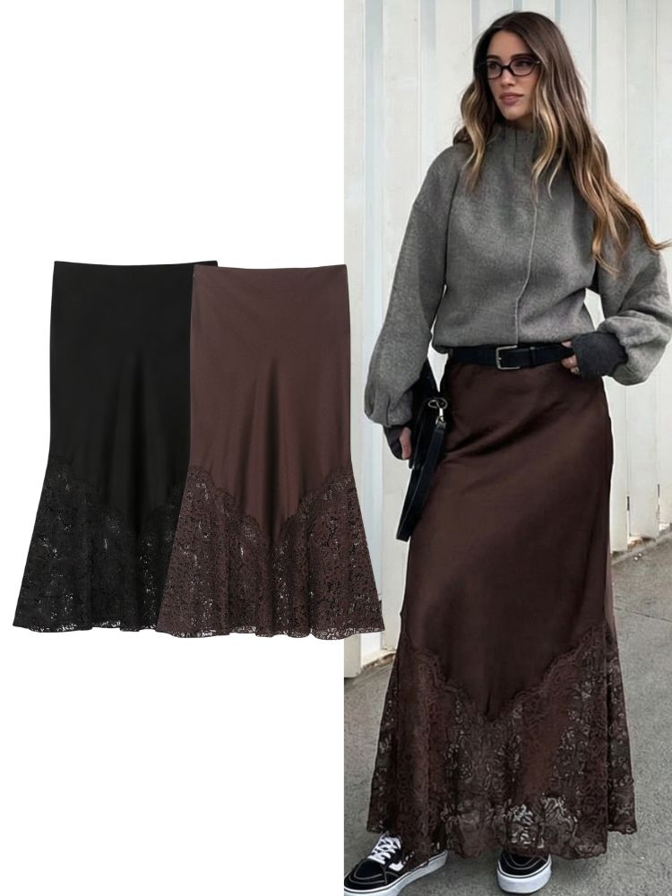 HH Vintage Women Lace Patchwork Long Skirt Spring Summer Front Split Lace Midi Skirts 2026 Female Evening Club Party Skirt