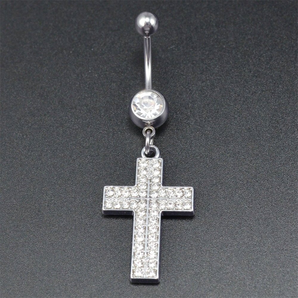 1pcs Full Rhinestone Cross Belly Button Ring Stainless Steel Belly Button Ring Umbilical Navel Ring Body Piercing Jewelry for Wo
