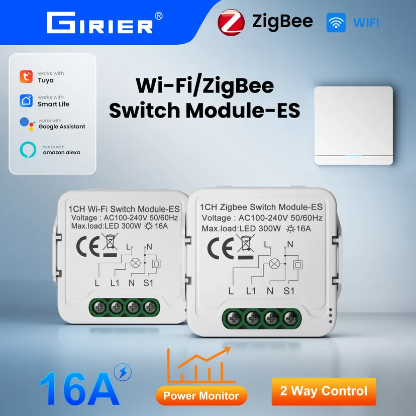GIRIER Tuya ZigBee Smart Switch Module 16A with Power Monitor Function WiFi DIY Breaker Relay 3520W Works with Alexa Hey