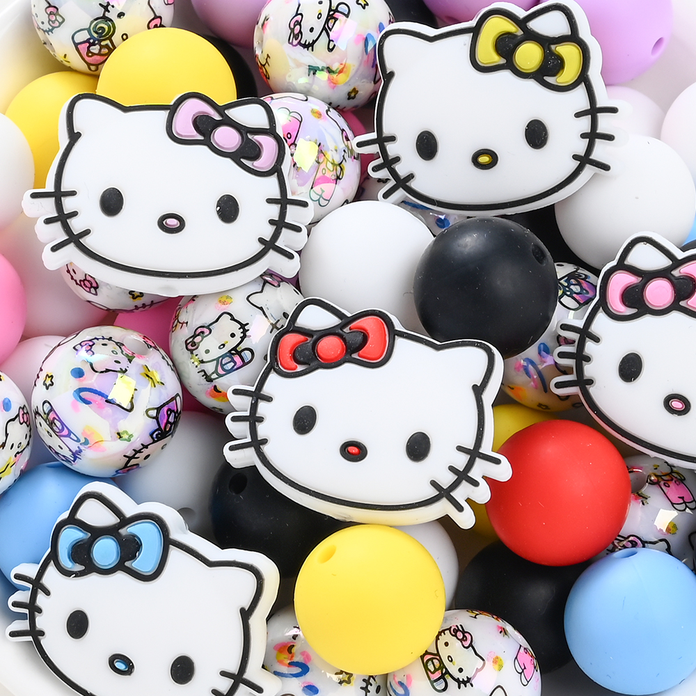 29Pcs Silicone KT Cat Head Portrait Beads Set Print Design Decorative Round Beads DIY Baby Teething and Chewing Toy Accessories