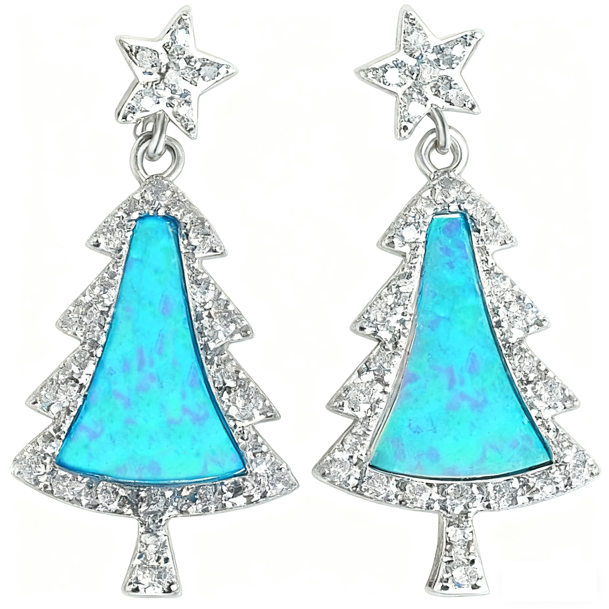 Elegant Sparkling Blue White Opal Christmas Tree Earrings with Zircon Accents and Star Pendant, Christmas Gift for Her Gift Set