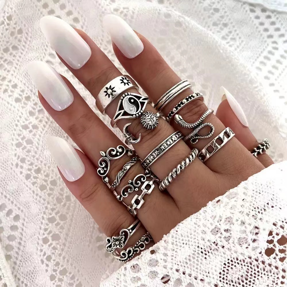 16PCS Punk Style Retro New Gossip Sun Moon Ophileaf Flower Joint Women's Ring et, Personalized Fashion Suitable For Fashionable
