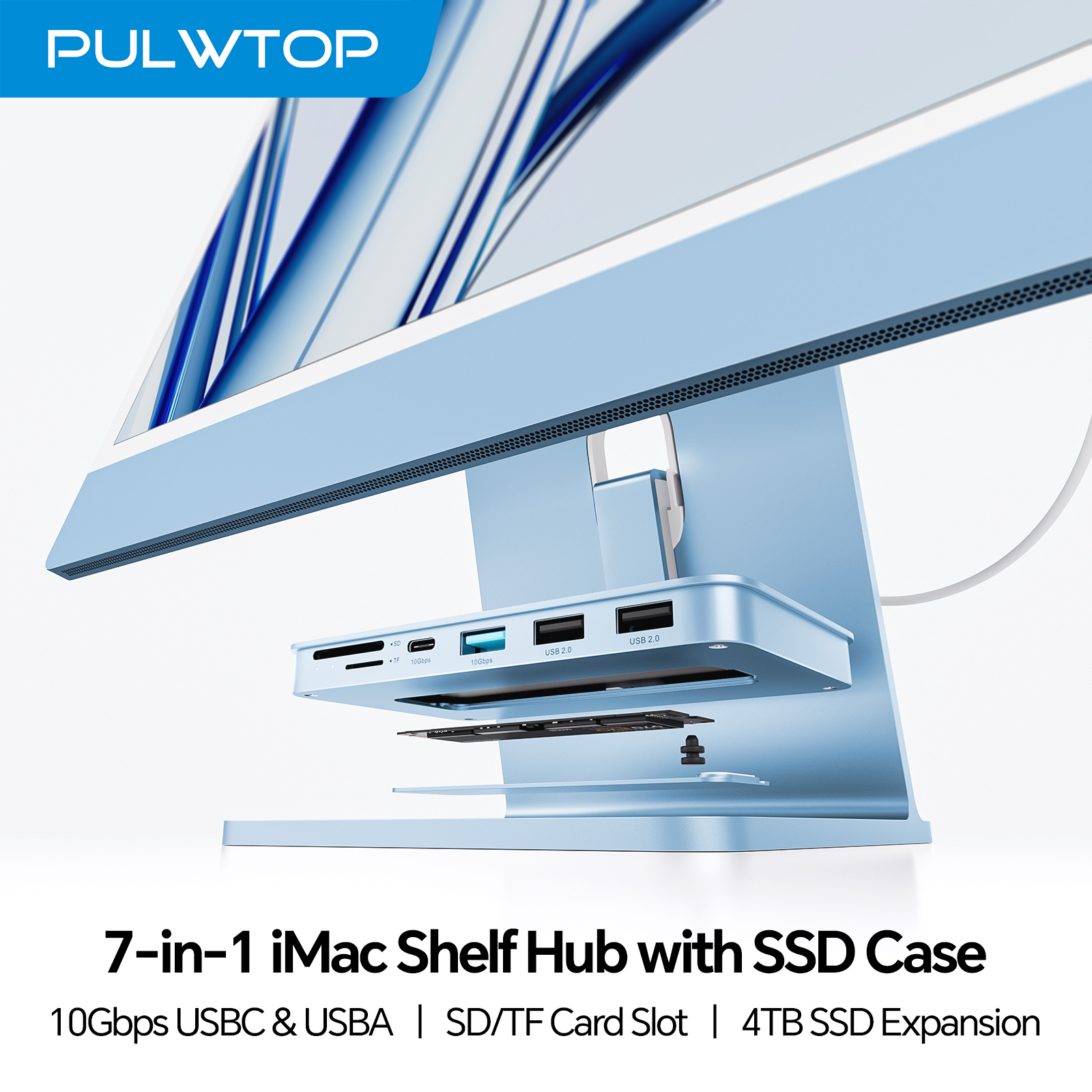 PULWTOP iMac Hub with M.2 NVMe SSD Enclosure, USB A/C 10Gbps, SD/TF for IMac24 M1/M3/M4 or Studio Display 27 inch