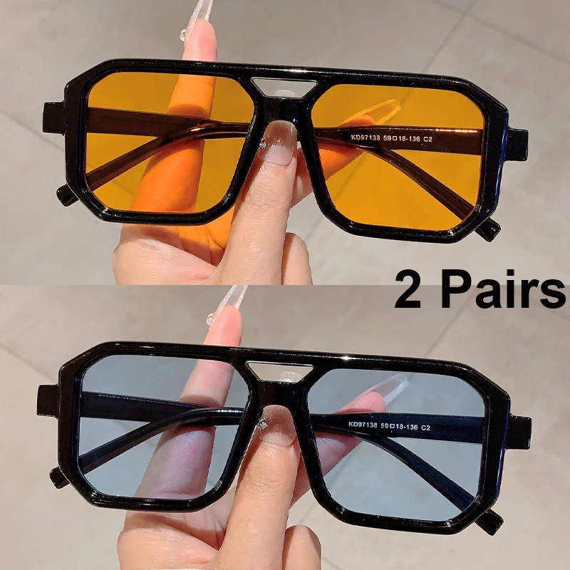 2 Pairs Vintage Square Sunglasses Men Chic Retro Double Bridge Gradient Outdoor Shades Women Casual Vacation Decor Sun Glasses