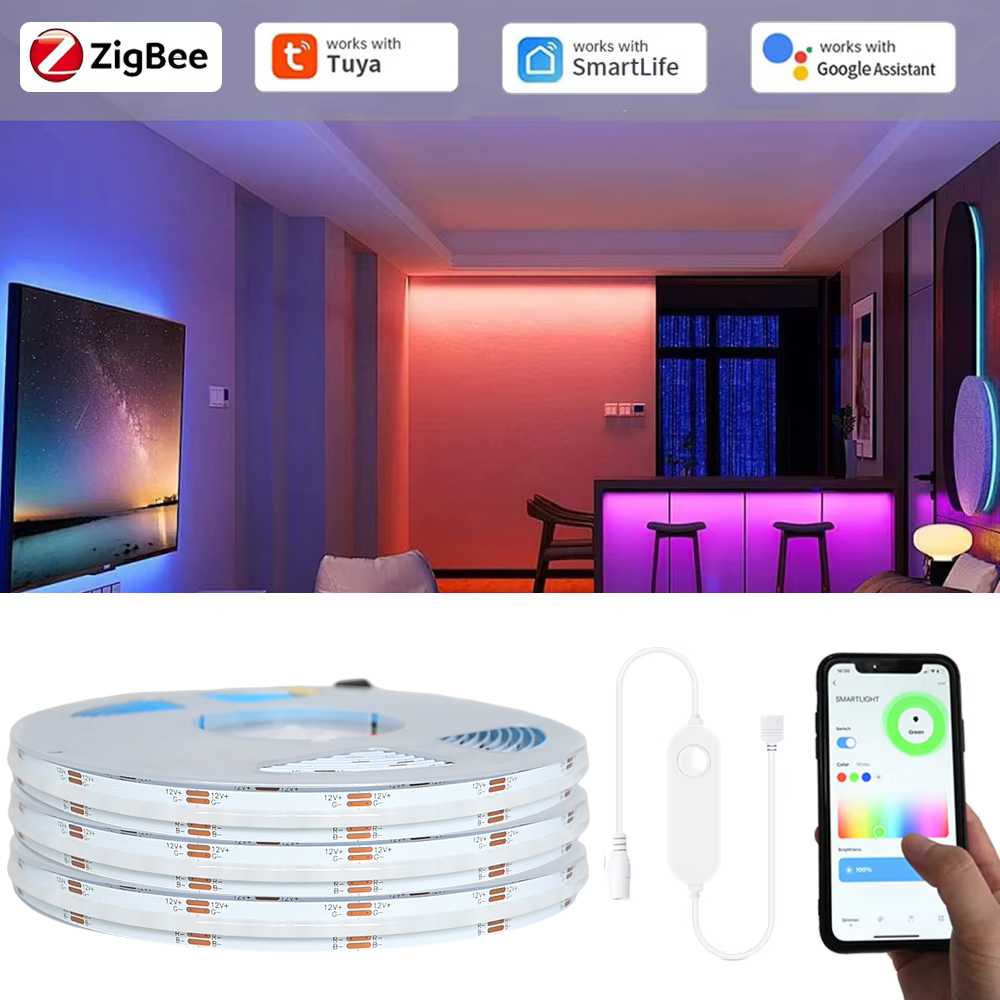 Full KIT Tuya Zigbee COB RGB LED Strip 12V 1m 2m 3m 5m 10m Dimmable Cabinet Bed Room Light Fr Alexa Assistant SmartThings