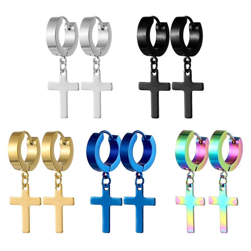 EVISPOL 1Pair Punk Stainless Steel Cross Pendant Hoop Earrings for Men Women Hypoallergenic Stud Earrings Hip Hop Male Jewelry