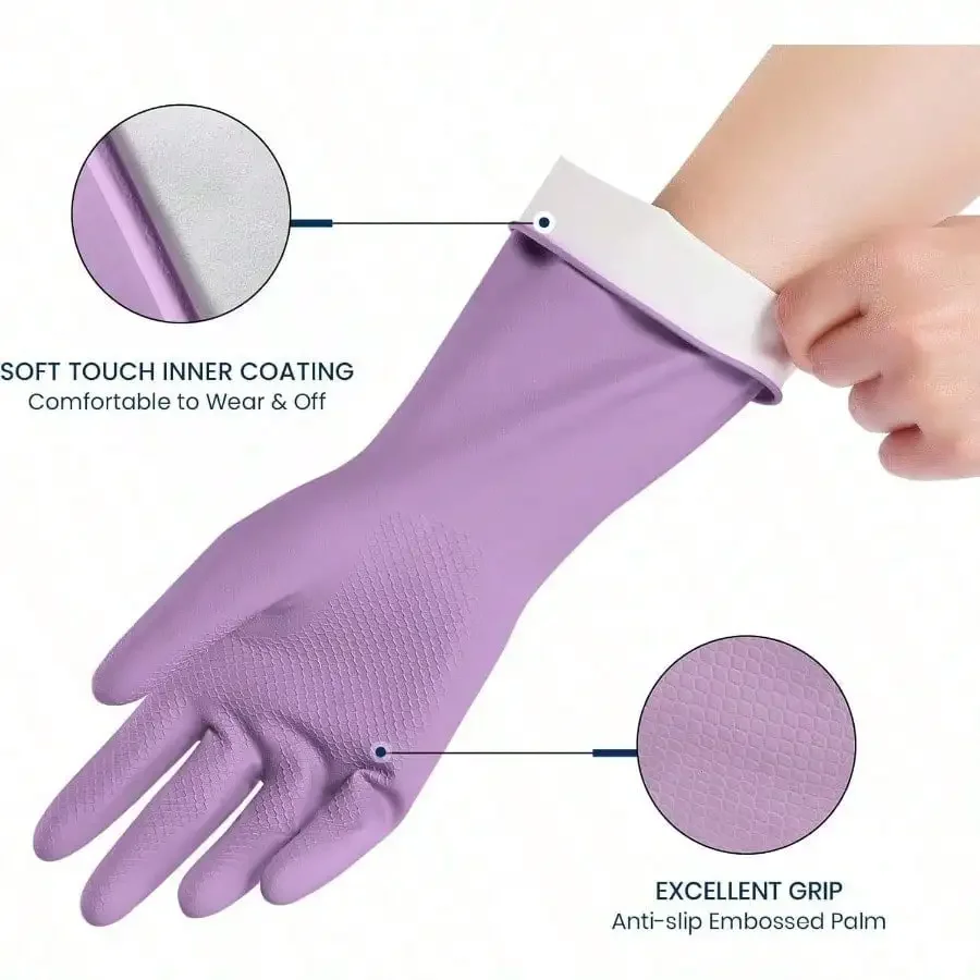 1 Pair Reusable Dishwashing Gloves Non-Slip Kitchen Cleaning Gloves with Flocked Lining for Men & Women