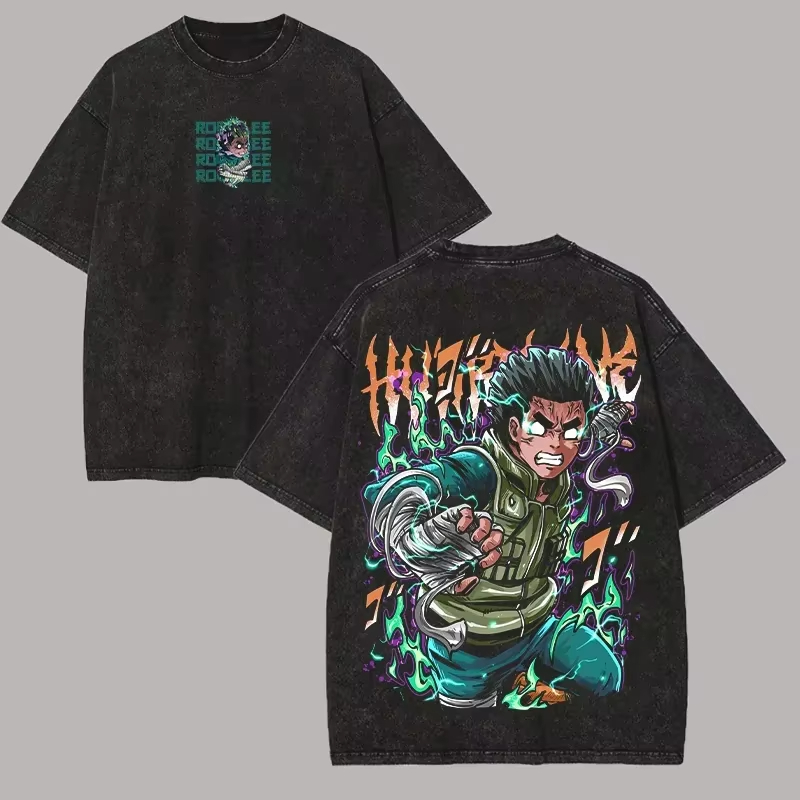 2026 New Rock Lee Hidden Lotus T-shirt Naruto Manga Tee Vintage Washed Retro Anime Harajuku Streetwear Graphic Tshirts Men
