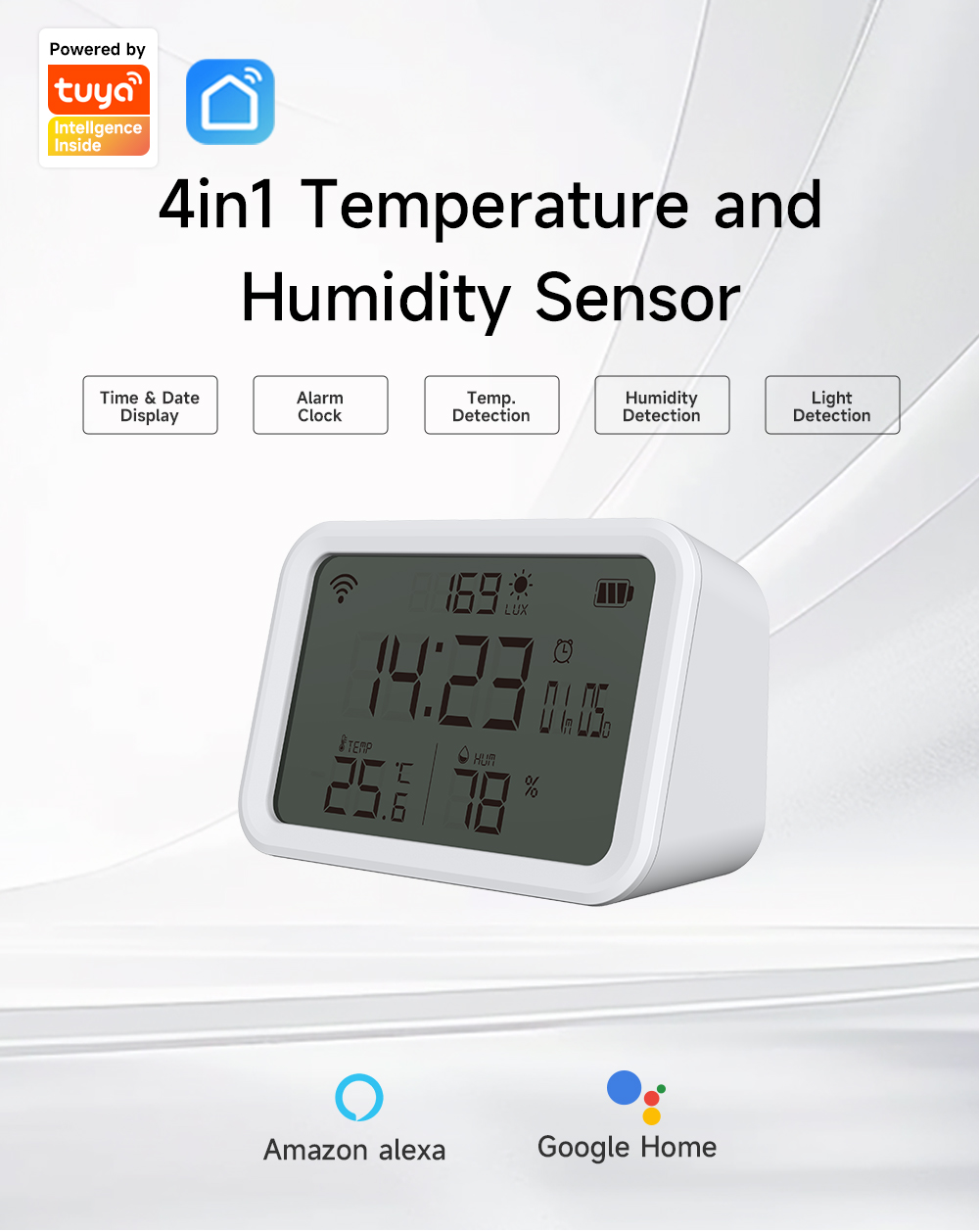 Tuya Smart WiFi 4-IN-1 Temperature Humidity Sensor Light Intensity Detector Time Display Alarm Clock Fit Alexa Assistant lightify
