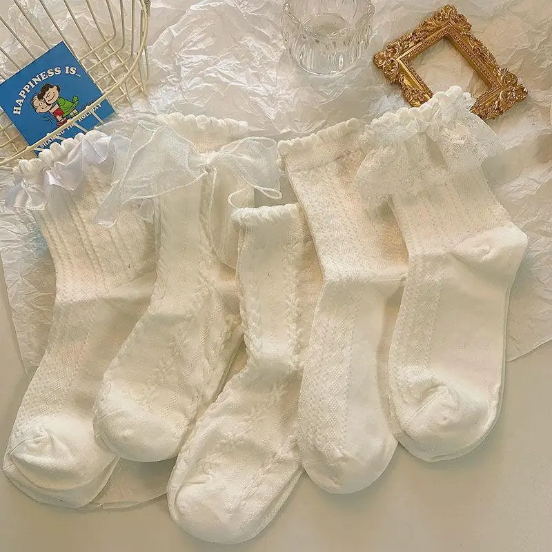 5 Pairs Lolita Socks White Bow Lace Socks Mid-Calf Japanese College Style Princess Socks Sweet Streetwear Hosiery