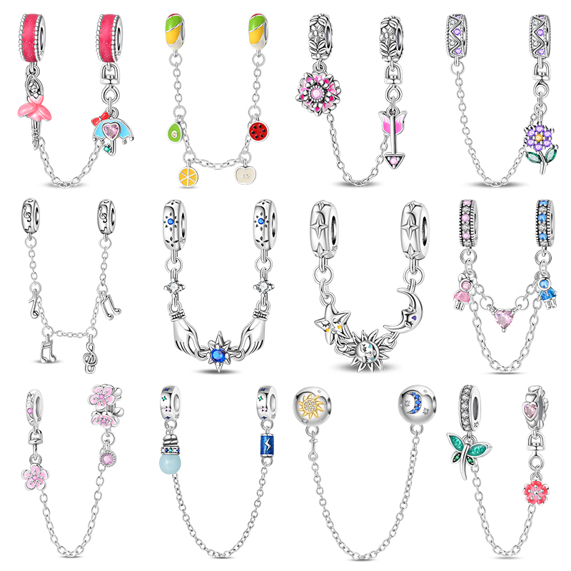 100% 925 Sterling Silver Original Stars Moon Flower Safety Chains Spacer Beads Charms Fit 3mm Bracelet DIY Jewelry Guardian