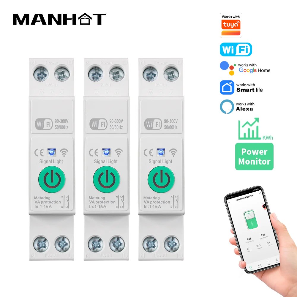 WiFi Smart Switch Smart Breaker 1-63A with Energy Meter kWh Monitoring Timer Relay Work With Tuya Alexa