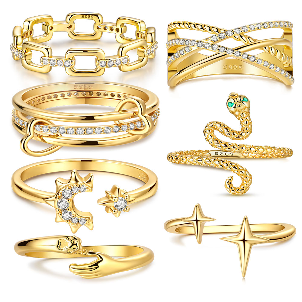 Exquisite Gold Color Series 925 Silver Plated Classic Star Moon Zircon Ring Charm Jewelry Birthday Party Gift