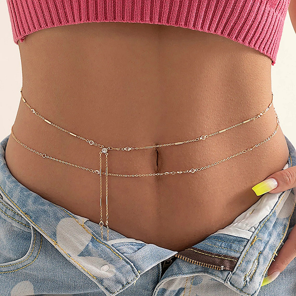 Hip Hop Fashion Metal Double Layer Chain Pants Chain Body Chain Imitation Crystal Fashion Adjustable Waist Chain